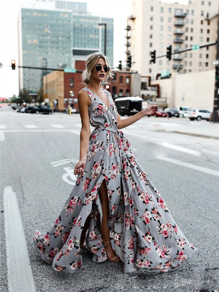 V-neck Flower Print Dress