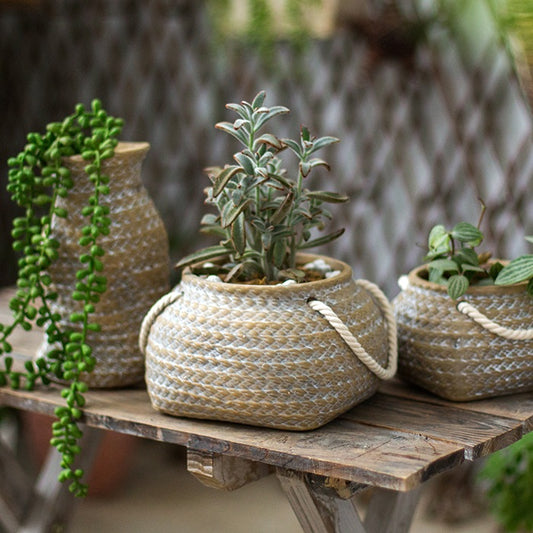 Woven Basket Ceramic Planter Pot